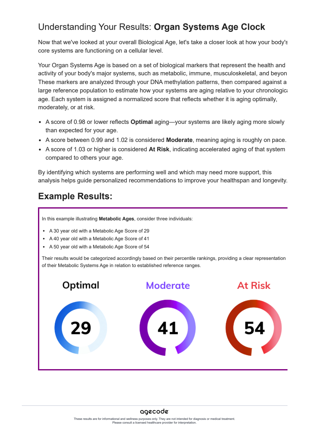 AgeCode organ systems report on a mobile display