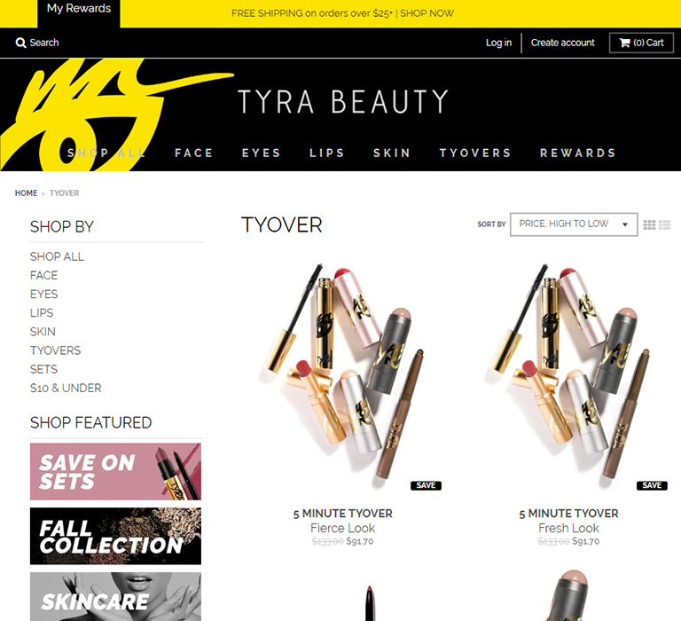 TYRA Beauty product collection on mobile