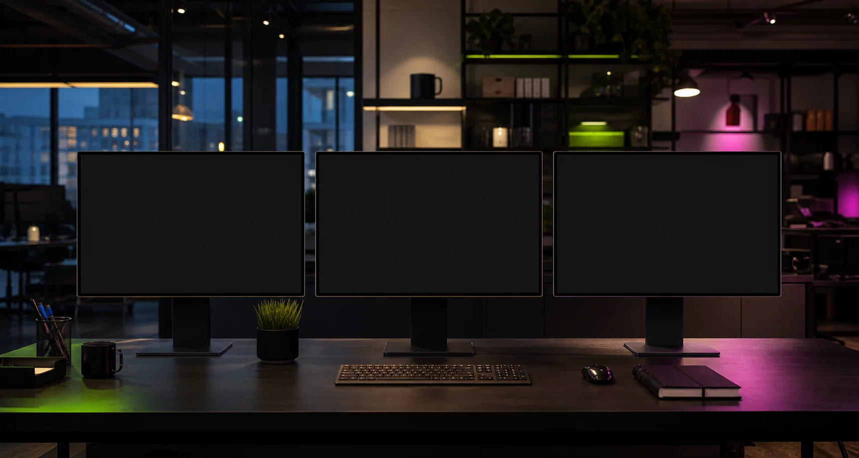 Zyel studio workspace with three project monitors.