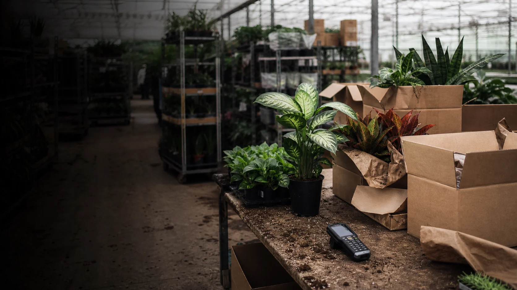 Live plant inventory, packing cartons, and scanning equipment inside a greenhouse.