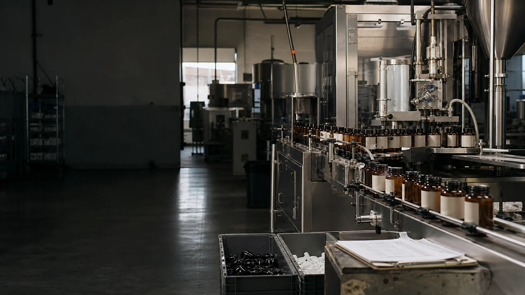 A supplement manufacturing line with operational paperwork and staged bottles.