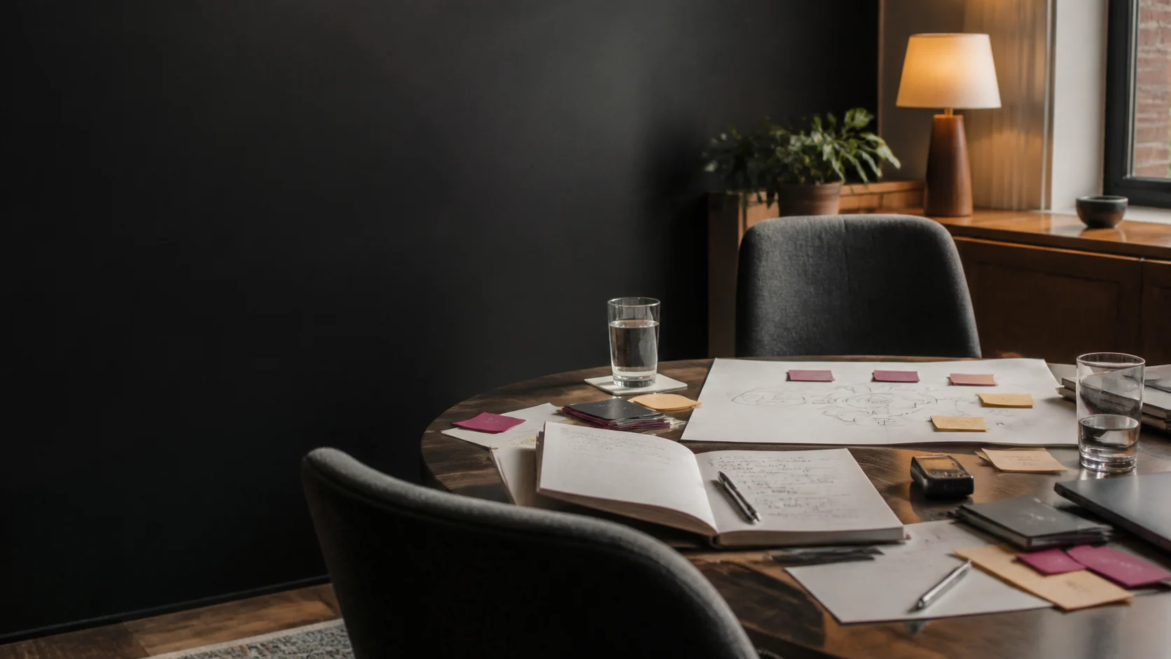 An intake worksheet, system sketch, and two seats prepared for a working session.