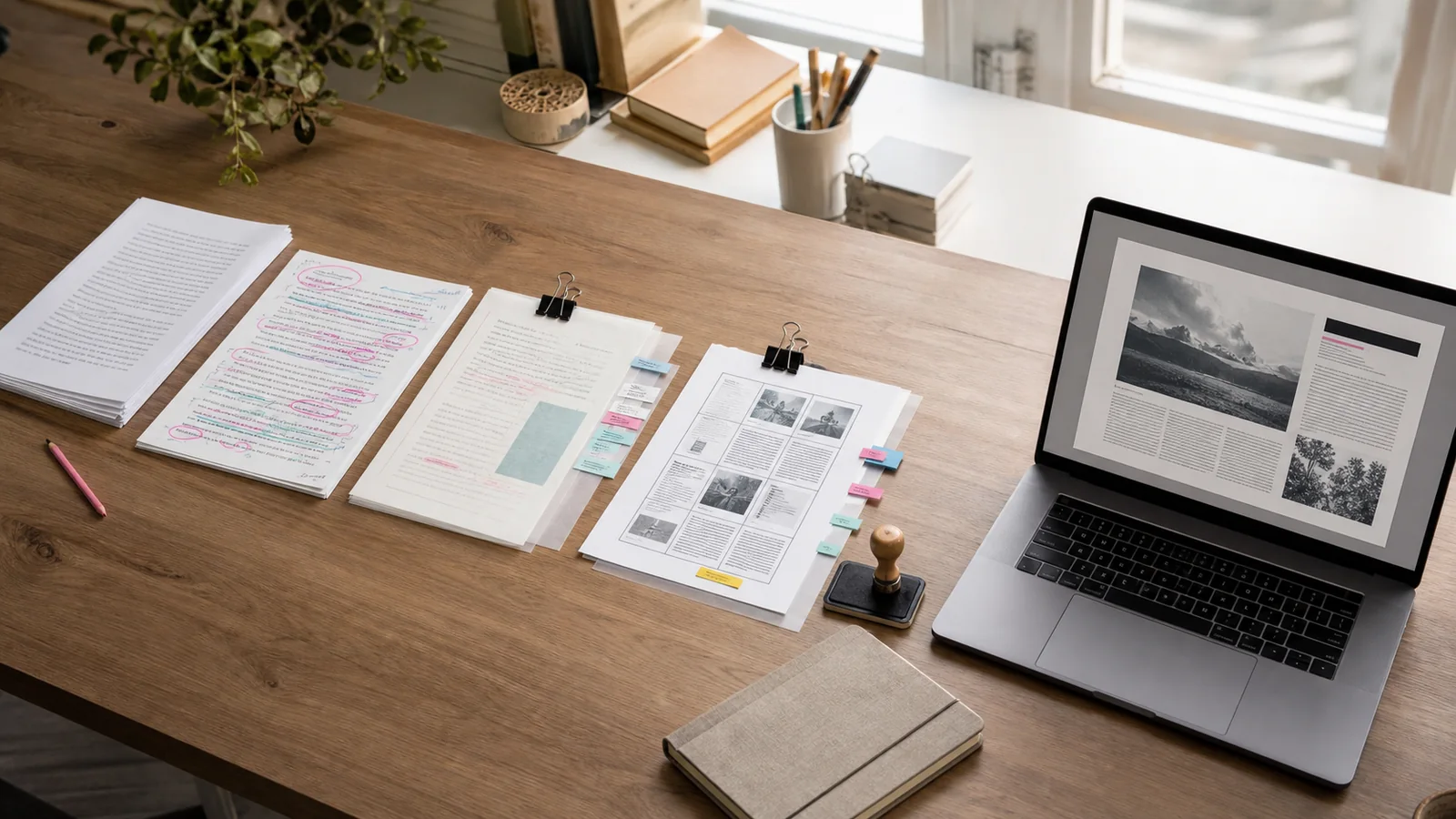 An editorial production bench with article proofs, source packets, camera, recorder, and live publishing screens.