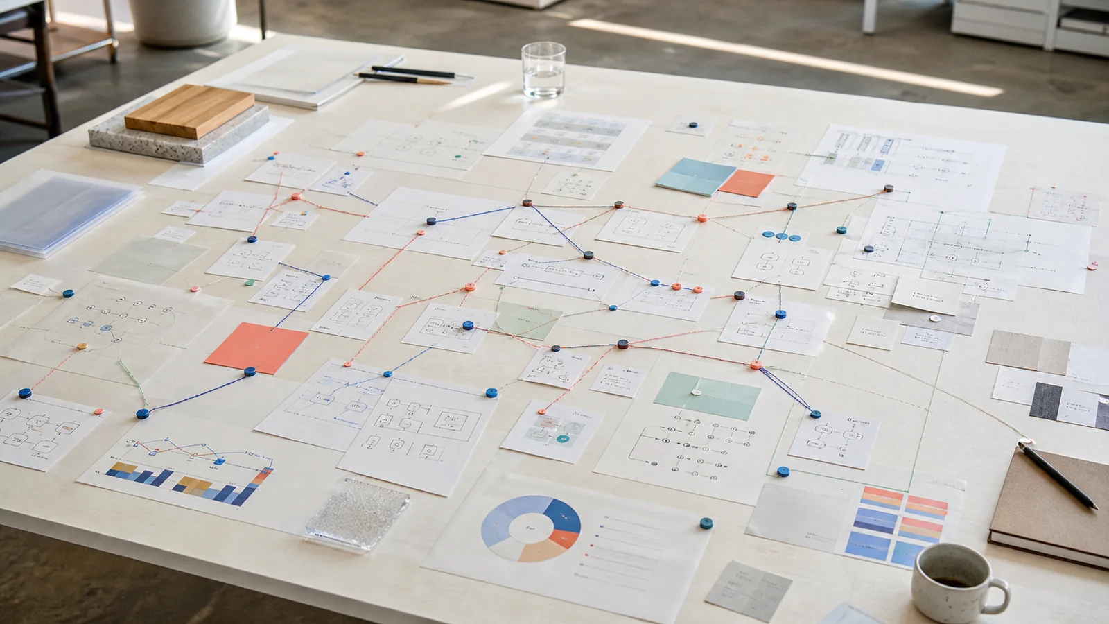 A system-discovery wall assembled from process, interface, data, and dependency evidence.