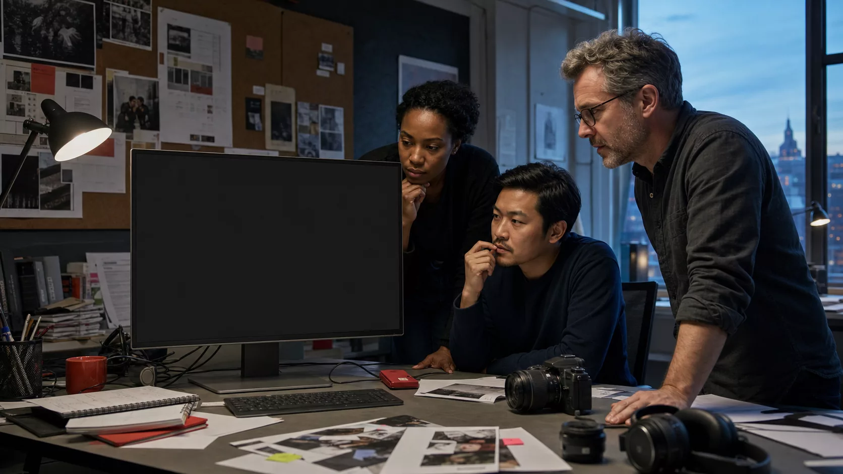 Three fictional Zyel and editorial professionals reviewing the Bold News platform in a working newsroom.