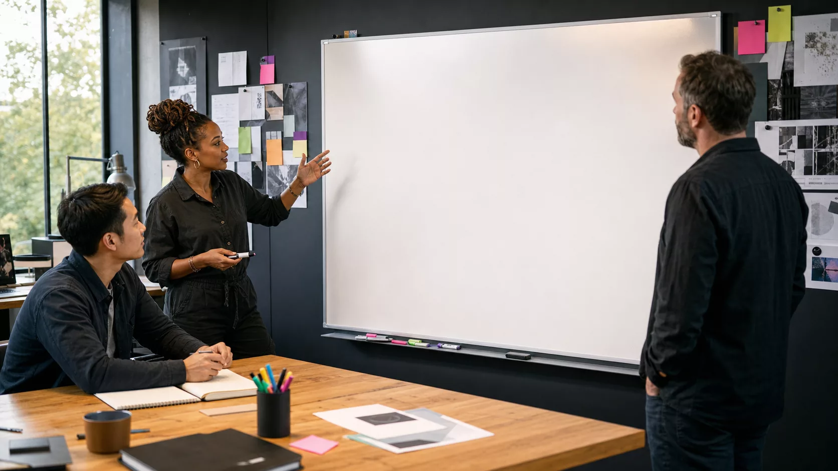 Three fictional Zyel professionals developing a technology brand in a studio workshop.