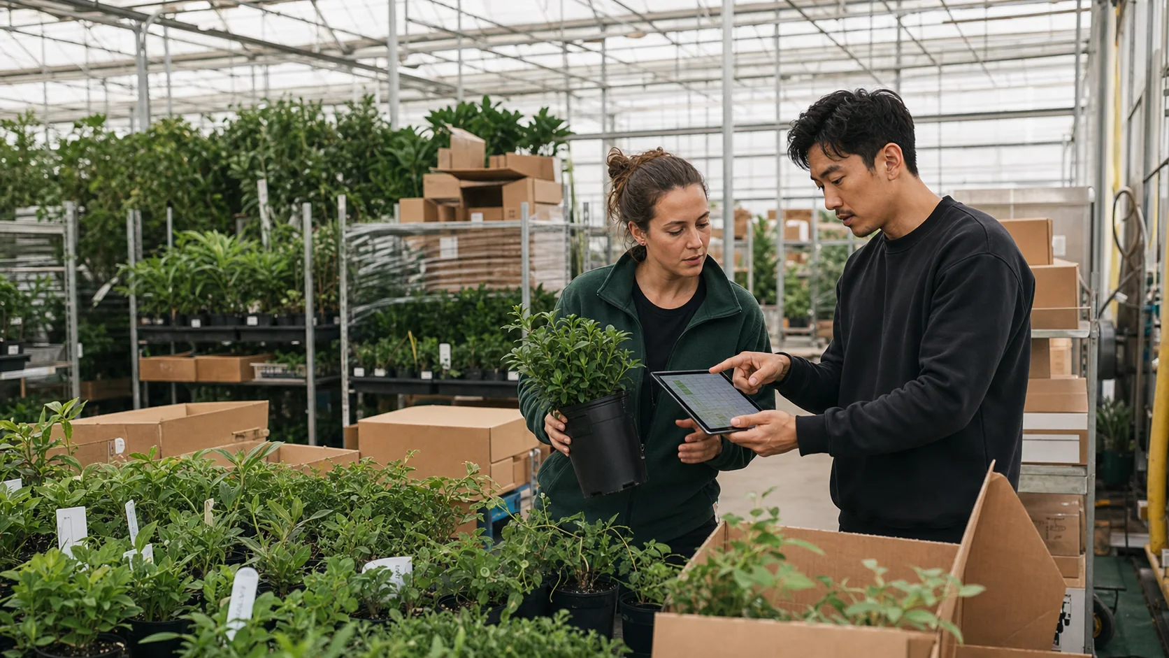 A Zyel delivery team tracing live plant inventory inside a working greenhouse.