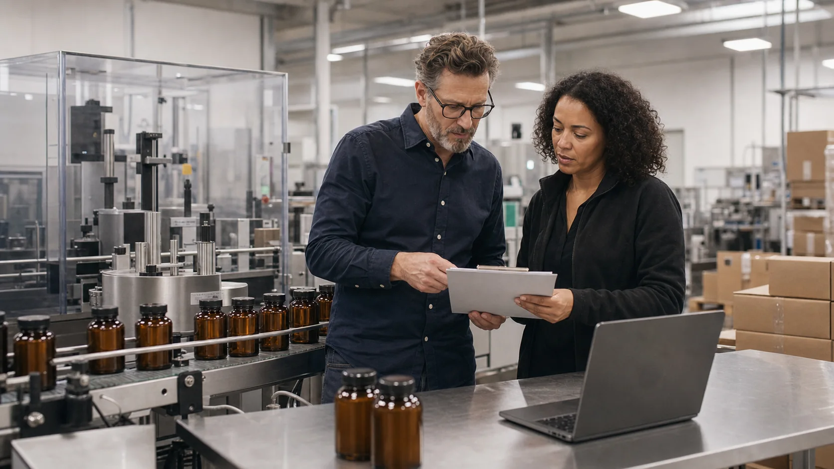 A Zyel delivery team reviewing operations on a supplement manufacturing floor.