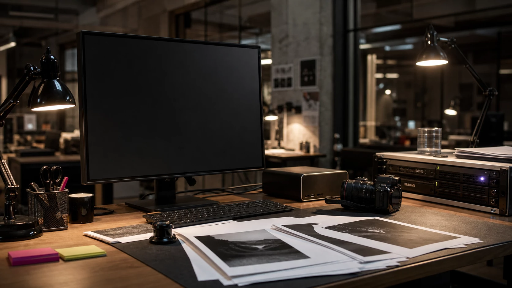 An editorial production desk with a monitor, camera, proofs, and publishing equipment.