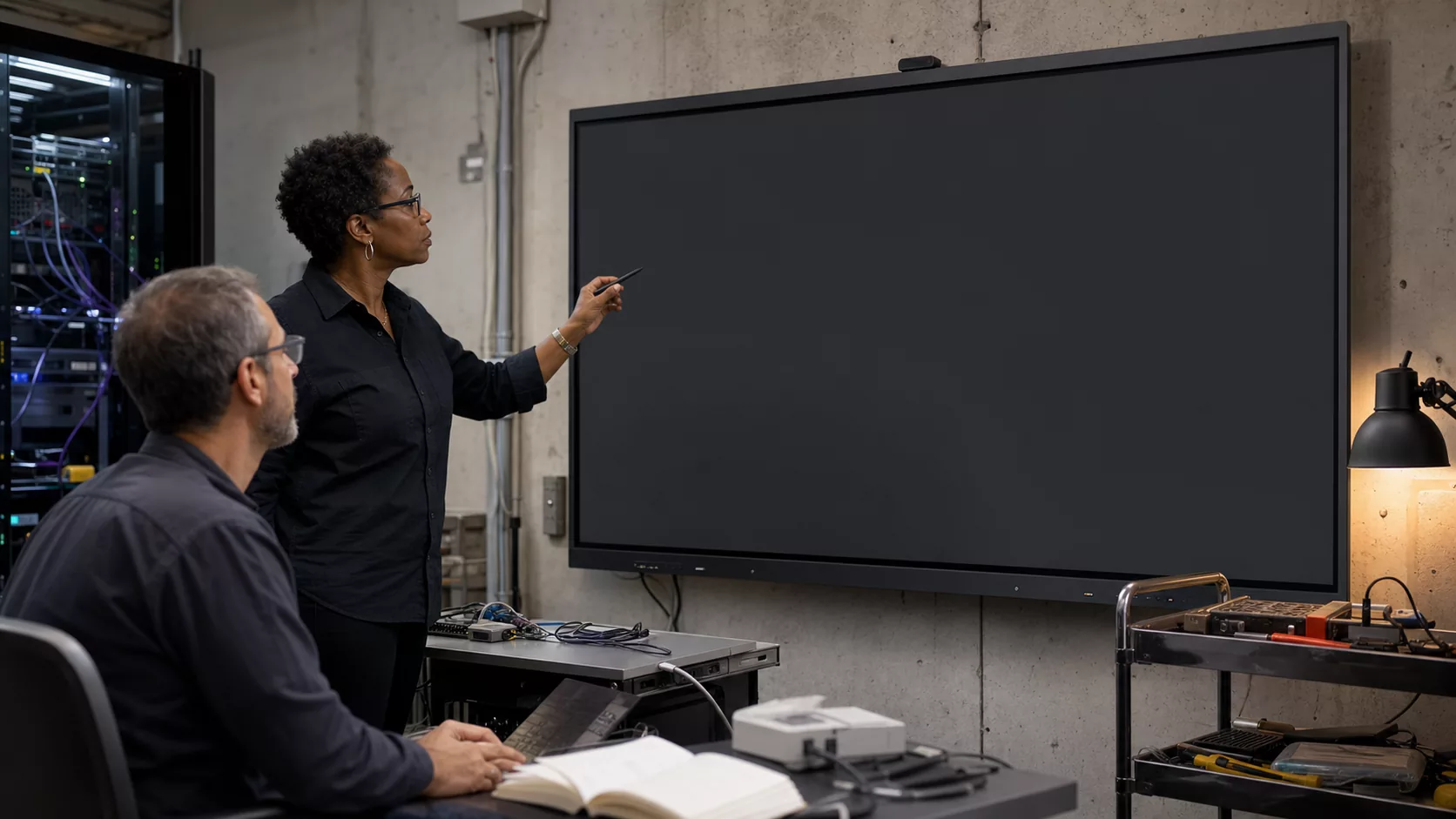 Two fictional Zyel systems engineers reviewing a platform architecture in an operations lab.